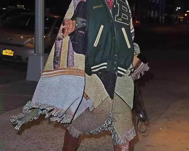 Rihanna Wore a Varsity Jacket–Blanket Poncho